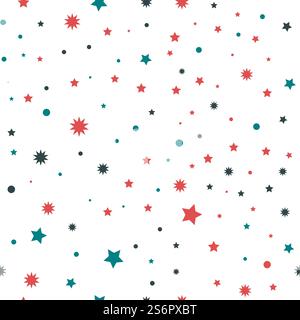 Sterne und Punkte, Schneeflocken oder Kreise abstrakte Komposition. Schneit- und winterliche Dekoration, minimalistisches, schlichtes Design. Nahtloses Muster, Hintergrund oder Druck. Vektor in abgewickelter Form. Abstrakte, sternenklare und gepunktete Muster ohne Jahreszeit Stock Vektor