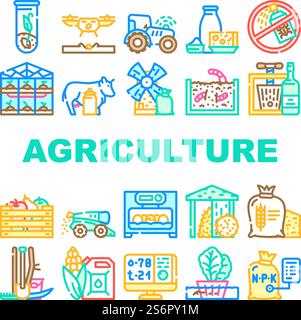 Landwirtschaft Farmland Business Icons Set Vektor. Bau Von Mühlen Und Gewächshäusern, Drohne Zum Anpflanzen Von Pflanzen Und Traktoren Mit Gps, Landwirtschaft Ernte- Und Produktionslinie. Farbige Abbildungen. Landwirtschaft Farmland Business Icons Set Vektor Stock Vektor
