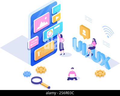 UI & UX Programmer flache Vektorillustration für Geschäftsinformationen und Teamaustausch mit Designer, Codierung, Schnittstellen oder Software-App-Entwicklung Stock Vektor