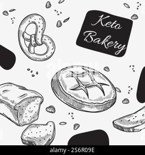 Bäckerei mit Keto-Produkten, Brezel und leckerem Vollkornbrot. Nahtloses Muster oder Menü für das Restaurant. Werbebanner, Lebensmittelwerbung. Einfarbige Skizzenkontur, Vektor in abgewickelter Form. Keto-Bäckerei, frisches Brot und Brezel monochrom Stock Vektor