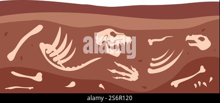 Archäologische Knochen. Tierisches Fossil, Bodenschichten mit antikem Dinosaurierschädel. Skelett unterirdisch, Paläontologie-Äußerungsvektor-Illustration. Skelett-Dinosaurier, Archäologie und geologische Knochen. Archäologische Knochen. Tierisches Fossil, Bodenschichten mit antikem Dinosaurierschädel. Skelett unterirdisch, Paläontologie-Äußerungsvektor-Illustration Stock Vektor