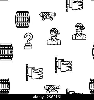 Pirate Sea Räuber Vektor Nahtlose Muster Dünne Linie Illustration. Seeräuber Seeräuber Vektor Nahtloses Muster Stock Vektor