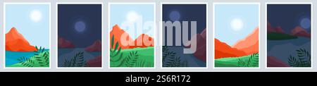 Ästhetischer moderner Hintergrund. Abstrakte Kunst, Sonne und Meer Berglandschaften. Zeitgenössisches Boho-Poster, aktuelle Reise-Sonnenaufgang-Vektor-Banner. Illustration Landschaft trendig, Sonnenuntergang Berg. Ästhetischer moderner Hintergrund. Abstrakte Kunst, Sonne und Meer Berglandschaften. Zeitgenössisches Boho-Poster, aktuelle Reise-Sonnenaufgang-Vektor-Banner Stock Vektor