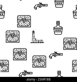 Pirate Sea Räuber Vektor Nahtlose Muster Dünne Linie Illustration. Seeräuber Seeräuber Vektor Nahtloses Muster Stock Vektor