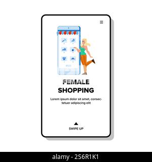 Weibliche Einkäufe Im Telefongeschäft Anwendungsvektor. Weibliche Einkäufe Und Online-Warenauswahl Auf Dem Smartphone-App-Bildschirm. Zeichentrickfilm-Illustration Zum Kauf Von Figuren Im Internet Web Flat. Weibliche Einkäufe Im Telefongeschäft Anwendungsvektor Stock Vektor