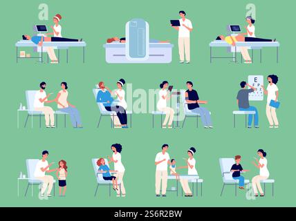 Medizinische Zeichen. Ärzte pflegen Patienten, Impfungen und Kontrollszenen. Untersuchung in Klinik oder Krankenhaus, neues Antiviren-Vektorset. Arzt in Krankenhauspflege und Behandlungsillustration. Medizinische Zeichen. Ärzte pflegen Patienten, Impfungen und Kontrollszenen. Untersuchung in Klinik oder Krankenhaus, neues Antiviren-Vektorset Stock Vektor