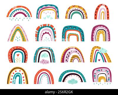 Flache skandinavische Regenbögen. Farbformen, verschiedene abstrakte Regenbogensymbole. Kinderzimmer Baby Boho Dekorationen, ungewöhnliche Wolken exakte Vektor-Set. Bogenfarbener Regenbogen, skandinavisch gezeichnete Illustration. Flache skandinavische Regenbögen. Farbformen, verschiedene abstrakte Regenbogensymbole. Kinderzimmer Baby Boho Dekorationen, ungewöhnliche Wolken exakte Vektor-Set Stock Vektor