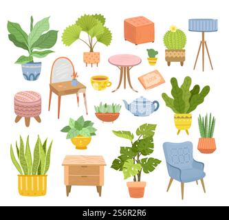 Urban Dschungel Kollektion. Zimmerpflanzen, saftige Aufkleber und Möbel. Haus Wohnzimmer innen, moderne gemütliche Vektorelemente. Illustration Pflanze Haus, saftigen Kakteen, Blumentopf botanical. Urban Dschungel Kollektion. Zimmerpflanzen, saftige Aufkleber und Möbel. Haus Wohnzimmer Innenelemente, moderne gemütliche exakte Vektorelemente Stock Vektor