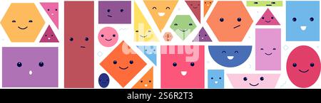Niedliche geometrische Flächen. Isoliertes Polygongesicht mit Augen und Emotionen. Kreisförmige Zeichen. Lustige Comic abstrakte Kinder Äußerungen Vektor-Elemente. Bildungskreisform und andere Formen. Niedliche geometrische Flächen. Isoliertes Polygongesicht mit Augen und Emotionen. Kreisförmige Zeichen. Lustige Comic abstrakte Kinder Äußerungen Vektor-Elemente Stock Vektor