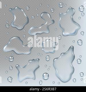 Realistische Pfützen. Draufsicht – Illustrationen mit Flüssigkeitstropfen und Pfützen – nasse Umgebung. Oberfläche, Flüssigdarstellung, transparent, nass, glatt. Realistische Pfützen. Draufsicht – Illustrationen mit Flüssigkeitstropfen und Pfützen – nasse Umgebung Stock Vektor