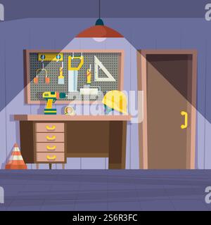 Werkstattraum. Garage-Innenraum mit Reparaturwerkzeugen auf Wand Hammer Säge Farbe Werkbank grell Vektor Karikaturabbildungen. Werkstatt-Innenraum, Garage mit Werkzeugen zur Wartung. Werkstattraum. Garage-Innenraum mit Reparaturwerkzeugen auf Wand Hammer Säge Farbe Werkbank grell Vektor Karikaturabbildungen Stock Vektor