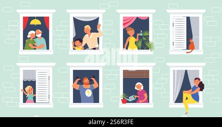 Personen in Fenstern. Haus offenes Fenster, alte Person blickt aus dem Haus. Apartment Community, Selbstsicherheit Zeit oder Lockdown anständiges Vektorkonzept. Illustration Nachbarschaft Wohnung Quarantäne. Personen in Fenstern. Haus offenes Fenster, alte Person blickt aus dem Haus. Apartment Community, Selbstsicherheit Zeit oder Lockdown anständiges Vektorkonzept Stock Vektor