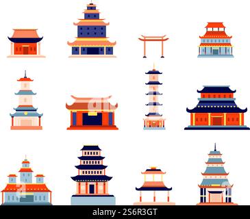 Chinesische Gebäude. China Stadt, Tempel Kultur Symbol Design. Asiatische Architektur, alte Pagode, japanische oder koreanische Hausvektorset. Illustrationsgebäude chinesischer Tempel, Wahrzeichen der Hausarchitektur. Chinesische Gebäude. China Stadt, Tempel Kultur Symbol Design. Asiatische Architektur, alte Pagode, flaches japanisches oder koreanisches Haus-Out-Vektor-Set Stock Vektor