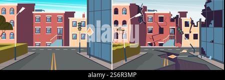 Urbane Landschaft. Beschädigtes Erdbeben in der Stadt, kaputte Straßen und Gebäude. Vektor-Illustration der ganzen und zerstörten Stadt. Hausbau Erdbeben, städtische Landschaft nach der Katastrophe. Urbane Landschaft. Beschädigtes Erdbeben in der Stadt, kaputte Straßen und Gebäude. Vektor-Illustration der ganzen und zerstörten Stadt Stock Vektor