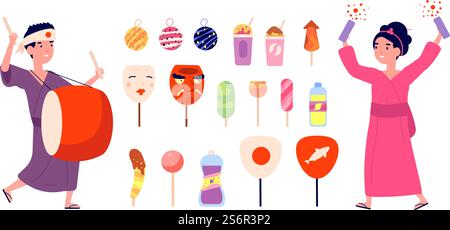 Elemente des japanischen Festivals. Japanische Symbole, Kinder tragen Kimono. Sommerjunge Mädchen in Yukata, Reise und Urlaub asiatisches Essen, Masken Vektor Set. Illustration japan Kinder, Festivalfeier, asiatische Tradition. Elemente des japanischen Festivals. Japanische Symbole, süße Kinder tragen Kimono. Sommerjunge Mädchen in Yukata, Reise und Urlaub asiatisches Essen, Masken utter Vektor Set Stock Vektor
