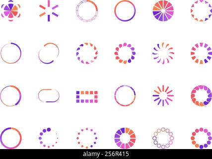 Symbole laden. Downloadprozesse Geschwindigkeitsbalken Web Template Indikatoren grellen Vektorsymbole. Schnittstellenleiste hochladen, Abbildung zum Herunterladen des Fortschrittsstatus. Symbole laden. Downloadprozesse Geschwindigkeitsbalken Web Template Indikatoren grellen Vektorsymbole Stock Vektor