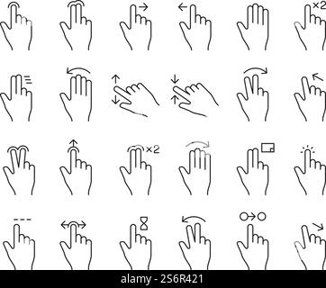 Touchscreen-Bedienelemente. Handgesten für den Bildschirm des mobilen Smartphones Tablets Tippen auf Scrollen und Drücken von Aktionstasten Vektorsymbol. Berühren Sie den Zeiger und die Handbewegung zum Touchscreen. Verwenden Sie die Abbildung. Touchscreen-Bedienelemente. Handgesten für den Bildschirm des mobilen Smartphones Tablets Tippen auf Scrollen und Drücken von Aktionstasten Vektorsymbol Stock Vektor