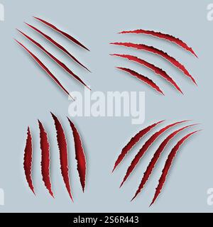 Klaue. Gruselige Kratzer mit Blut-Tigerkrallen anständige Vektor-realistische Vorlagen. Kratzverletzung von Tierpfoten, Illustration des Schlitzes. Klaue. Gruselige Kratzer mit Blut-Tigerkrallen anständige Vektor-realistische Vorlagen Stock Vektor