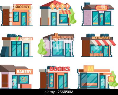 Ladenfassade. Städtischer lokaler Markt Fassade modernes Restaurant und grelle Vektorgebäude der Stadt. Illustration Gebäudemarkt, Fassade Ladenfront. Ladenfassade. Städtischer lokaler Markt Fassade modernes Restaurant und grelle Vektorgebäude der Stadt Stock Vektor