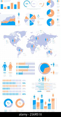Demografische Infografik. Personenstatistik prozentuale Visualisierung grafischer grell-Vektor-Geschäftspräsentation. Bevölkerungsdaten, demographische Weltkartenabbildung. Demografische Infografik. Personenstatistik prozentuale Visualisierung grafischer grell-Vektor-Geschäftspräsentation Stock Vektor
