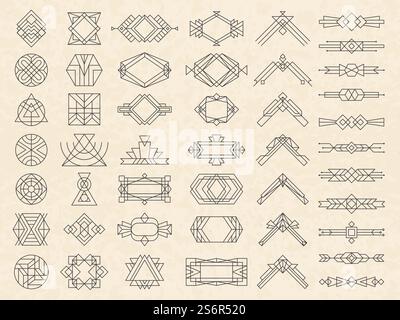 Geometrische Art-Deco-Formen. Moderne Designelemente für Embleme und Logotypen Dreiecke Kreise Trennzeichen und Pfeile aktuelle Vektorvorlagen. Logotyp mit geometrischer Linie, Logoschablone linear dekorativ. Geometrische Art-Deco-Formen. Moderne Designelemente für Embleme und Logotypen Dreiecke Kreise Trennwände Rahmen und Pfeile aktuelle Vektorvorlagen Stock Vektor