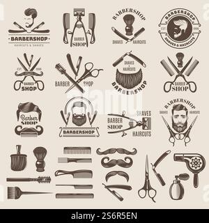 Abzeichen für den Friseur. Schere Kämme Bürstenklinge Haartrockner neue Vektor-Logos für Friseurläden. Barbershop Vintage-Elemente, Bart und Schnurrbart-Illustration. Abzeichen für den Friseur. Schere Kämme Bürstenklinge Haartrockner neue Vektor-Logos für Friseurläden Stock Vektor