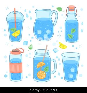 Trinkwasserkonzept. Mehr Trinken, Glasflaschenbecher und Becher. Gesunder trendiger Lebensstil, Null Abfall und wiederverwendbare Kunststoff Thermos Exact Vektor Set. Illustration Wasser in Flasche mit Zitrone trinken. Trinkwasserkonzept. Mehr Trinken, Glasflaschenbecher und Becher. Gesunder trendiger Lebensstil, Null Abfall und wiederverwendbare Kunststoff Thermos Exact Vektor Set Stock Vektor