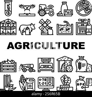Landwirtschaft Farmland Business Icons Set Vektor. Bau Von Mühlen Und Gewächshäusern, Drohne Zum Anpflanzen Von Pflanzen Und Traktoren Mit Gps, Landwirtschaft Ernte Und Produktion Schwarze Konturgrafien. Landwirtschaft Farmland Business Icons Set Vektor Stock Vektor
