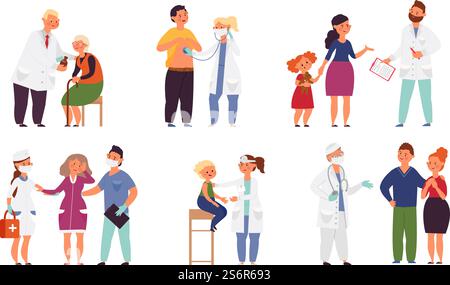 Arztbesuch. Cartoon-Ärzte, Frau, die im Krankenhaus untersucht. Patientengespräch mit Krankenschwester, Medizinfamilien und älteren Menschen Vektorset. Illustration Ärztin im Krankenhaus, Untersuchung und Besuch. Arztbesuch. Cartoon-Ärzte, Frau, die im Krankenhaus untersucht. Patient spricht mit Krankenschwester, anständige Medizin für Familie und ältere Menschen Vektorset Stock Vektor