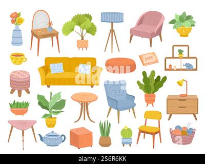 Skandinavische Möbel. Isolierte gemütliche Wohnmöbel, Sitzkomfort und trendige Relax-Innenelemente. Wohnzimmer Pflanzen exaktes Vektorset. Illustration gemütliche Möbel skandinavisch, Komforthaus. Skandinavische Möbel. Isolierte gemütliche Wohnmöbel, Sitzkomfort und trendige Relax-Innenelemente. Wohnzimmer Pflanzen exaktes Vektorset Stock Vektor