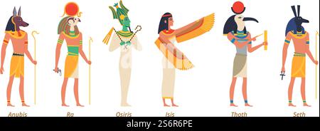 Ägyptische Götter. Alte authentische Charaktere Märchengeschichte Skulpturen pharaon Schakal anubis Vögel osiris isis Vektorgötter. Die ägyptischen Götter osiris und thoth, seth und isis. Ägyptische Götter. Alte authentische Charaktere Märchengeschichte Skulpturen pharaon Schakal anubis Vögel osiris isis genaue Vektorgötter Stock Vektor