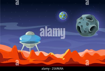 Marslandschaft. Kolonialisierung, außerirdischer Weltraum-Hintergrund. Ansicht vom roten Planeten auf der Erde und Mond Cartoon Vektor Illustration. Landschafts-mars-Kolonialisierung, der Planet auf der Oberfläche. Marslandschaft. Kolonialisierung, außerirdischer Weltraum-Hintergrund. Ansicht vom roten Planeten auf der Erde und Mond Cartoon Vektor Illustration Stock Vektor