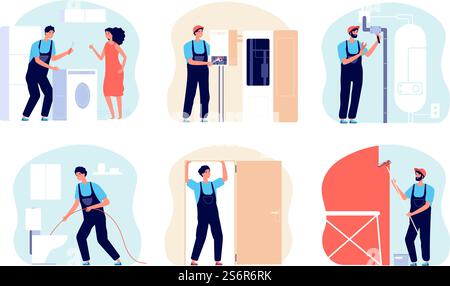 Heimmeister arbeiten. Professioneller Meister, Techniker mit Ausrüstung. Ingenieure oder Zimmerer, Person mit Reparaturwerkzeugen. Männer bauen ein perfektes Vektorkonzept. Illustration des Reparaturwerkzeugs und des Lackierers mit Ausrüstung. Heimmeister arbeiten. Professioneller Meister, Techniker mit Ausrüstung. Ingenieure oder Zimmerer, Person mit Reparaturwerkzeugen. Männer bauen ein perfektes Vektorkonzept Stock Vektor