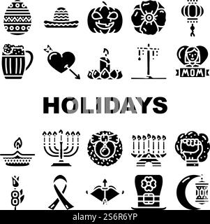 Feiertage Feiertage Zubehör Symbole Set Vektor. Mutter und 8. März internationaler Frauentag, Holi und Halloween, Weihnachten Chinesisches Neujahr feiern Feiertage Glyph-Piktogramme Schwarze Illustrationen. Feiertage Feiertage Zubehör Symbole Set Vektor Stock Vektor
