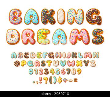 Donut-Schriftart. Süßigkeiten Buchstaben, Bäckerei Text Zahlen Alphabet. Kuchen und Kekse, isoliertes Baby glasiertes Dessert. Farbe 3D-Teig Letzte Vektorset. Illustration zuckerhaltige englische abc und Zahlen. Donut-Schriftart. Süßigkeiten Buchstaben, Bäckerei Text Zahlen Alphabet. Kuchen und Kekse, isoliertes Baby glasiertes Dessert. Farbe 3D-Teig Letzte Vektorset Stock Vektor