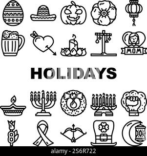 Feiertage Feiertage Zubehör Symbole Set Vektor. Mutter und 8. März internationaler Frauentag, Holi und Halloween, Weihnachten und Chinesisches Neujahr feiern Feiertage. Feiertage Feiertage Zubehör Symbole Set Vektor Stock Vektor
