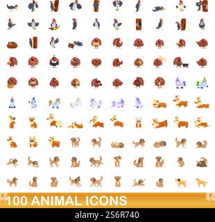 100 Tiersymbole gesetzt. Zeichentrickillustration von 100 Tiersymbolen Vektorsatz isoliert auf weißem Hintergrund. 100 Tiersymbole im Cartoon-Stil Stock Vektor