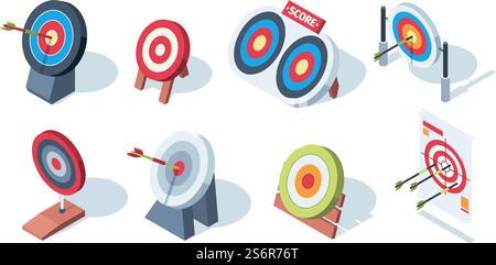 Pfeilziel. Bogenschießen Ziele Spiel Performance Dartboards grell Vektor isometrische Bilder. Ziel und Erfolg im Marketing. Pfeilziel. Bogenschießen Ziele Spiel Performance Dartboards grell Vektor isometrische Bilder Stock Vektor