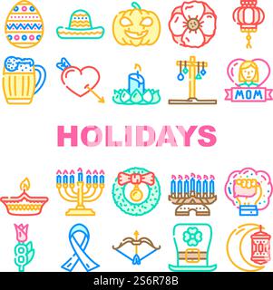Feiertage Feiertage Zubehör Symbole Set Vektor. Mutter und 8. März internationaler Frauentag, Holi und Halloween, Weihnachten und Chinesisches Neujahr feiern Feiertage. Farbige Abbildungen. Feiertage Feiertage Zubehör Symbole Set Vektor Stock Vektor