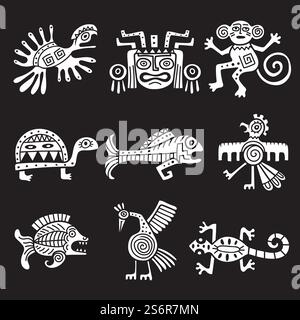 Altes mexikanisches Symbol. Aztekische Stämme traditionelle Symbole Ziertiere maya-Objekte aktuelle Vektor-Illustrationen. Aztekische mexikanische Tierschildkröten-Affen und Fische einheimisches Design. Altes mexikanisches Symbol. Aztekische Stämme traditionelle Symbole Ziertiere maya-Objekte aktuelle Vektor-Illustrationen Stock Vektor
