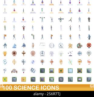 100 Wissenschaftssymbole. Zeichentrickillustration von 100 Wissenschaftssymbolen Vektor-Set isoliert auf weißem Hintergrund. 100 Wissenschaftssymbole im Cartoon-Stil Stock Vektor