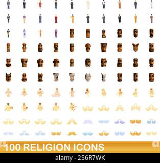 100 Religionssymbole. Zeichentrickillustration von 100 Religion Icons Vektor auf weißem Hintergrund isoliert gesetzt. 100 religiöse Ikonen im Cartoon-Stil Stock Vektor