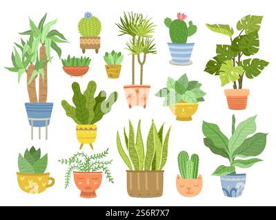 Wohnung-Haus-Anlage. Zimmerpflanzen, flache Gartenarbeit für Innenräume. Bambus im Topf, innere Sukkulenten in niedlichen Behältern exakte Vektorsammlung. Blumentopf und Kaktus, Illustration zum Anbau von Zimmerpflanzen. Wohnung-Haus-Anlage. Zimmerpflanzen, flache Gartenarbeit für Innenräume. Bambus im Topf, innere Sukkulenten in niedlichen Behältern exakte Vektorsammlung Stock Vektor