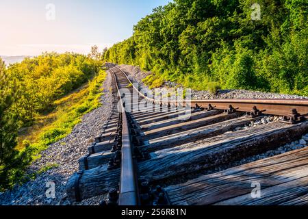Eine Eisenbahnstrecke in Zagrad, Kroatien, erlitt durch einen Erdrutsch erhebliche Schäden, wobei die Gleise geknickt und Trümmer verstreut sind. Das üppige Grün umgibt das betroffene Gebiet und unterstreicht die Störung. Stockfoto