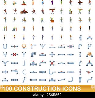 100 Bausymbole gesetzt. Zeichentrickillustration von 100 Bausymbolen Vektor-Set isoliert auf weißem Hintergrund. 100 Bausymbole im Cartoon-Stil Stock Vektor