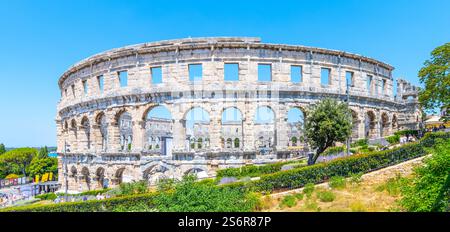 Das römische Amphitheater in Pula zeigt antike Architektur inmitten üppiger Vegetation. Besucher bewundern diese historische Stätte unter einem klaren blauen Himmel und reflektieren ihre reiche Vergangenheit. Stockfoto