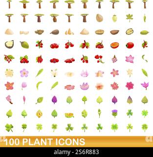 100 Pflanzensymbole gesetzt. Cartoon-Illustration von 100 Pflanzen-Icons Vektor-Set isoliert auf weißem Hintergrund. 100 Pflanzensymbole im Zeichentrickstil Stock Vektor