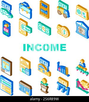 Set-Vektor Für Symbole Für Bezüge Aus Passiver Einkommensfinanzierung. Autovermietung Und Lieferung Von Speziellen Transportfahrzeugen, Parkplatz Und Hausvermietung Passive Income Isometrische Schilderfarbe Illustrationen. Set-Vektor Für Symbole Für Bezüge Aus Passiver Einkommensfinanzierung Stock Vektor