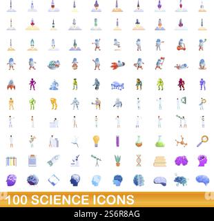 100 Wissenschaftssymbole. Zeichentrickillustration von 100 Wissenschaftssymbolen Vektor-Set isoliert auf weißem Hintergrund. 100 Wissenschaftssymbole im Cartoon-Stil Stock Vektor