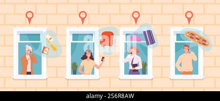 Sicheres Einkaufen von zu Hause aus. Leute warten auf Lieferung, Lebensmittel Geschenke Online-Shop-App. Frau Mann im Fenster sprechende Telefone Vektorkonzept. Illustration Shopping Safe, kontaktlos online bestellen. Sicheres Einkaufen von zu Hause aus. Leute warten auf Lieferung, Lebensmittel Geschenke Online-Shop-App. Frau Mann im Fenster sprechende Telefone Vektorkonzept Stock Vektor